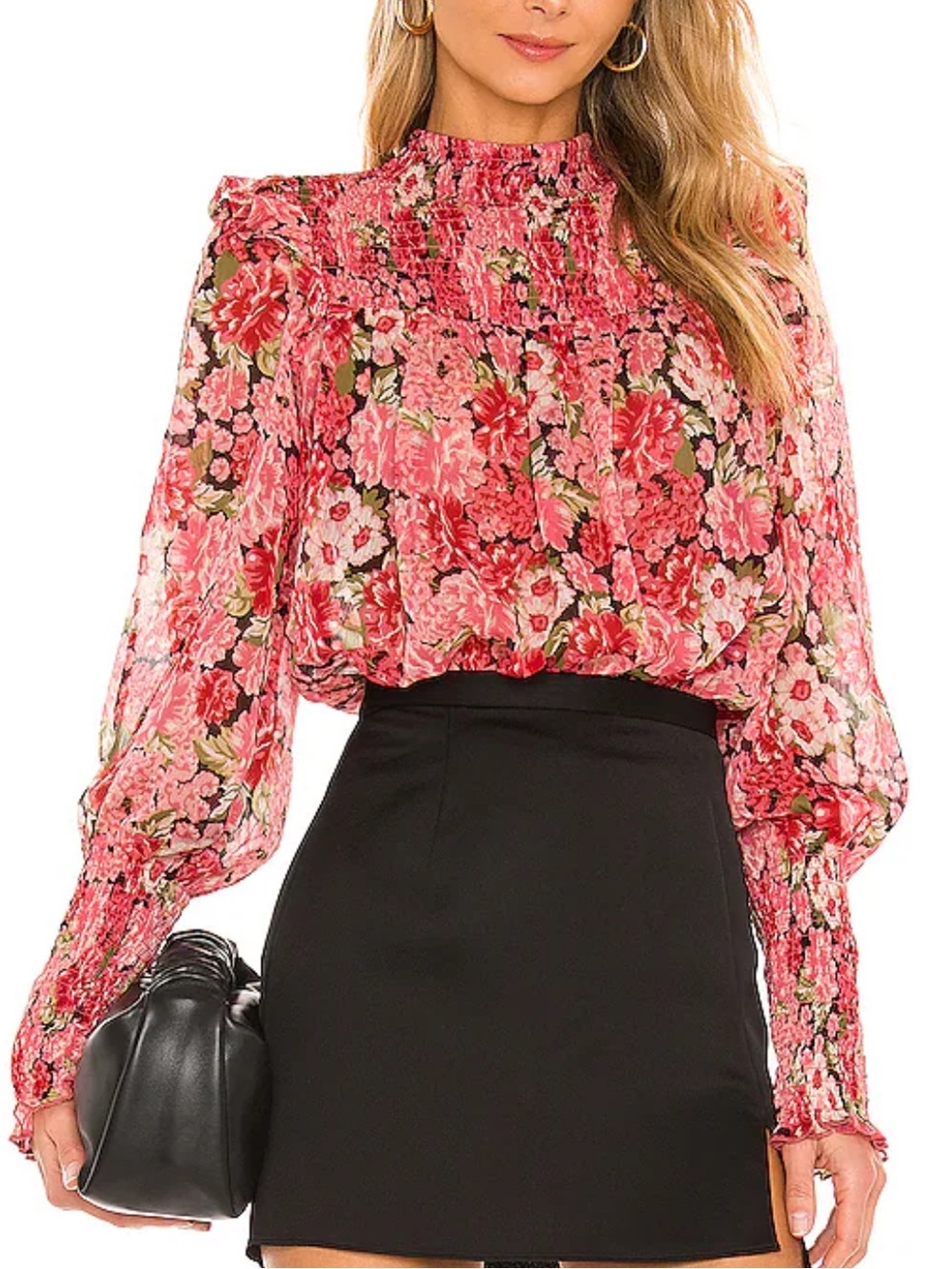 Bardot Remi Floral Smocked High-Neck Blouse Blouse in Pink Gardenia